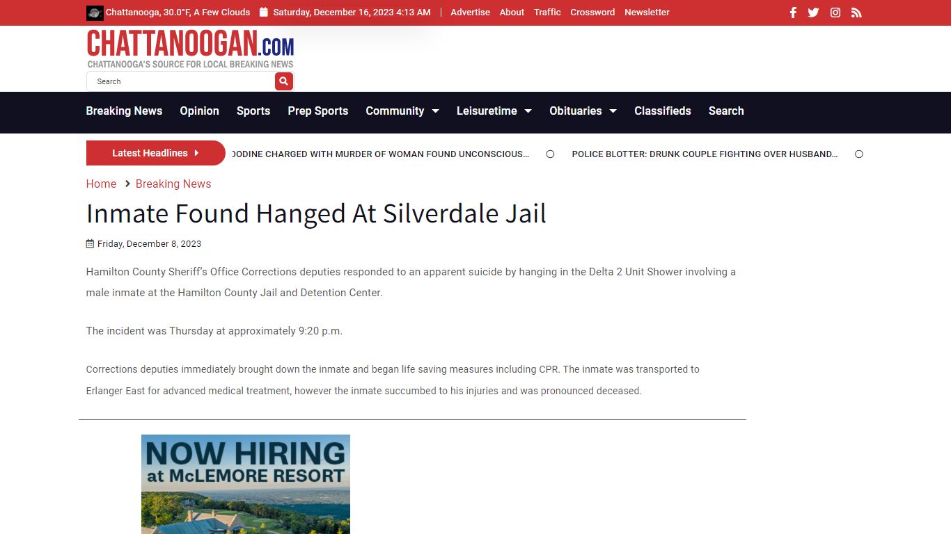 Inmate Found Hanged At Silverdale Jail - Chattanoogan.com
